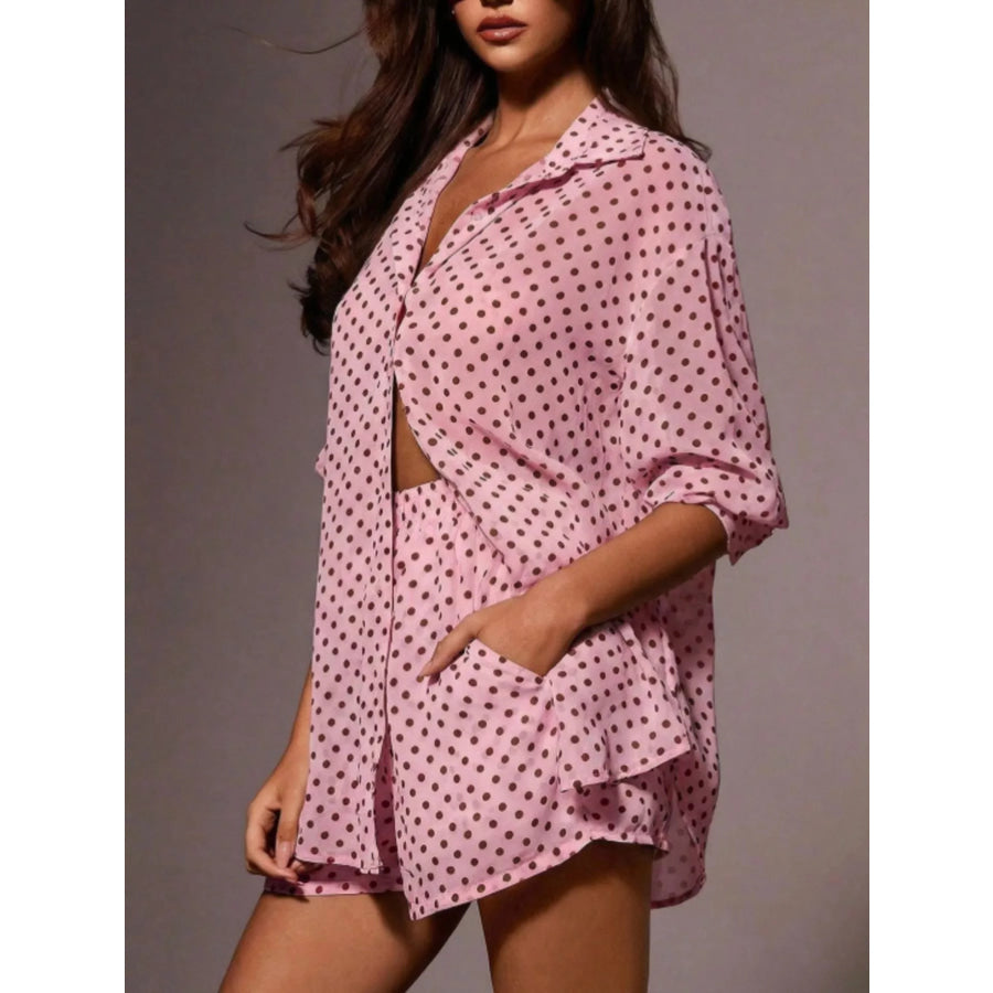 Polka Dot Button Up Shirt and Shorts Set Pink / S Apparel and Accessories