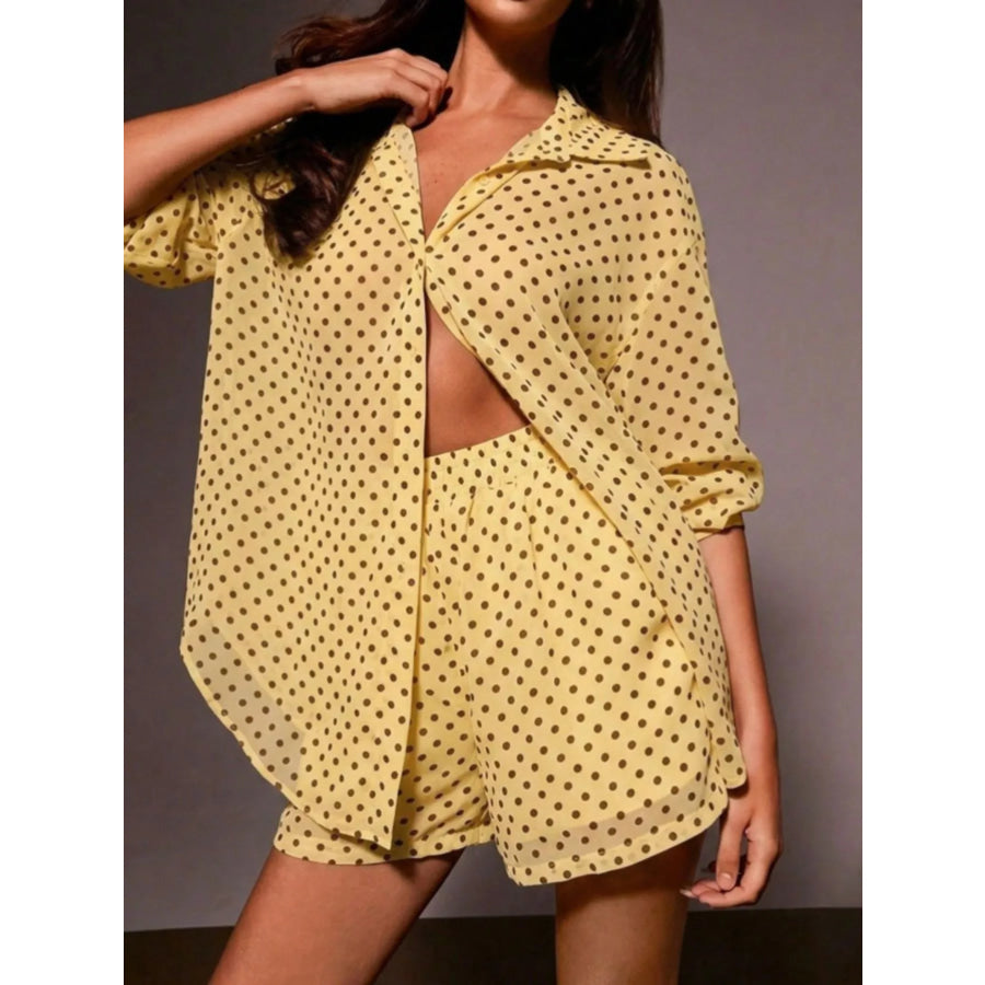 Polka Dot Button Up Shirt and Shorts Set Yellow / S Apparel and Accessories