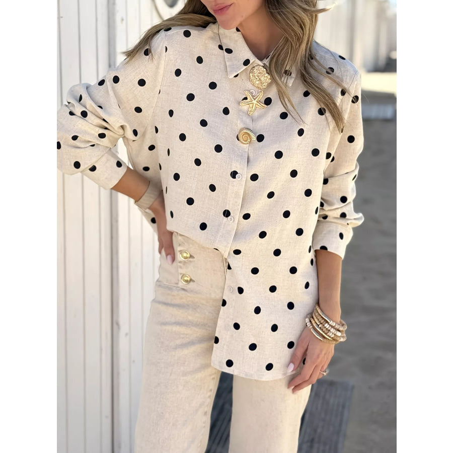 Polka Dot Button Up Shirt Beige / S Apparel and Accessories