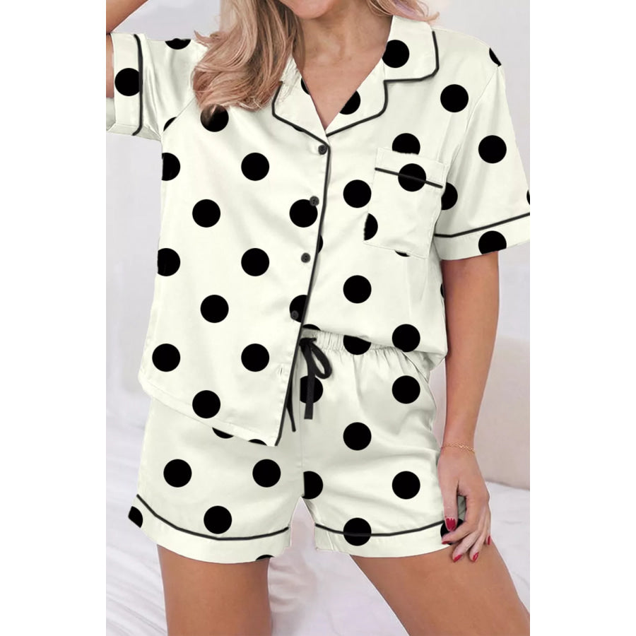 Polka Dot Button Up Top and Shorts Lounge Set Ivory / S Apparel and Accessories