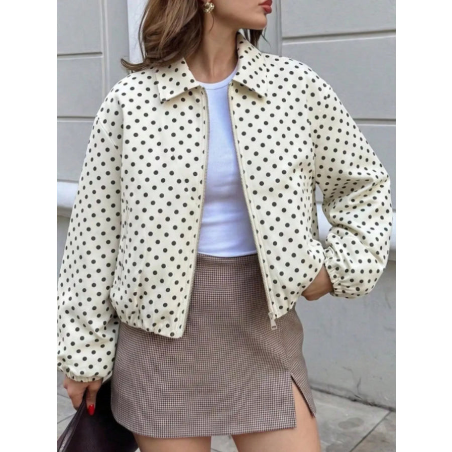 Polka Dot Casual Zip-Up Jacket White / S Apparel and Accessories