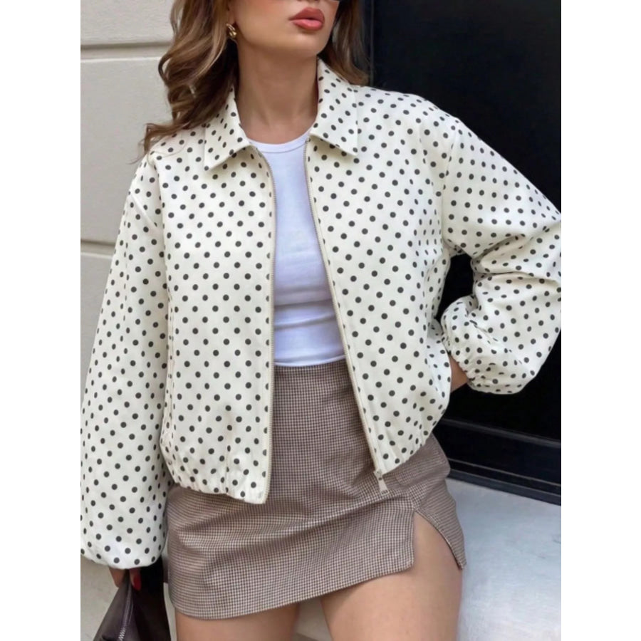 Polka Dot Casual Zip-Up Jacket White / S Apparel and Accessories