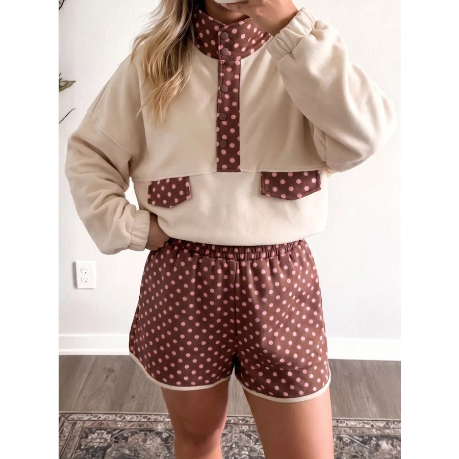 Polka Dot Contrast Baggy Pullover and Elastic Waist Shorts 2pcs Set Apparel Accessories