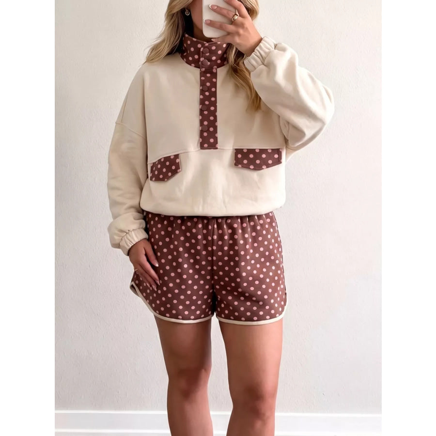 Polka Dot Contrast Baggy Pullover and Elastic Waist Shorts 2pcs Set Beige / S Apparel Accessories