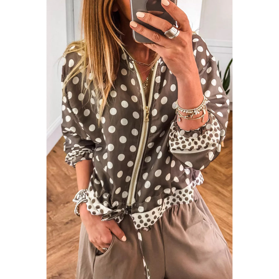 Polka Dot Contrast Detail Zip-Up Long Sleeve Shacket Apparel and Accessories