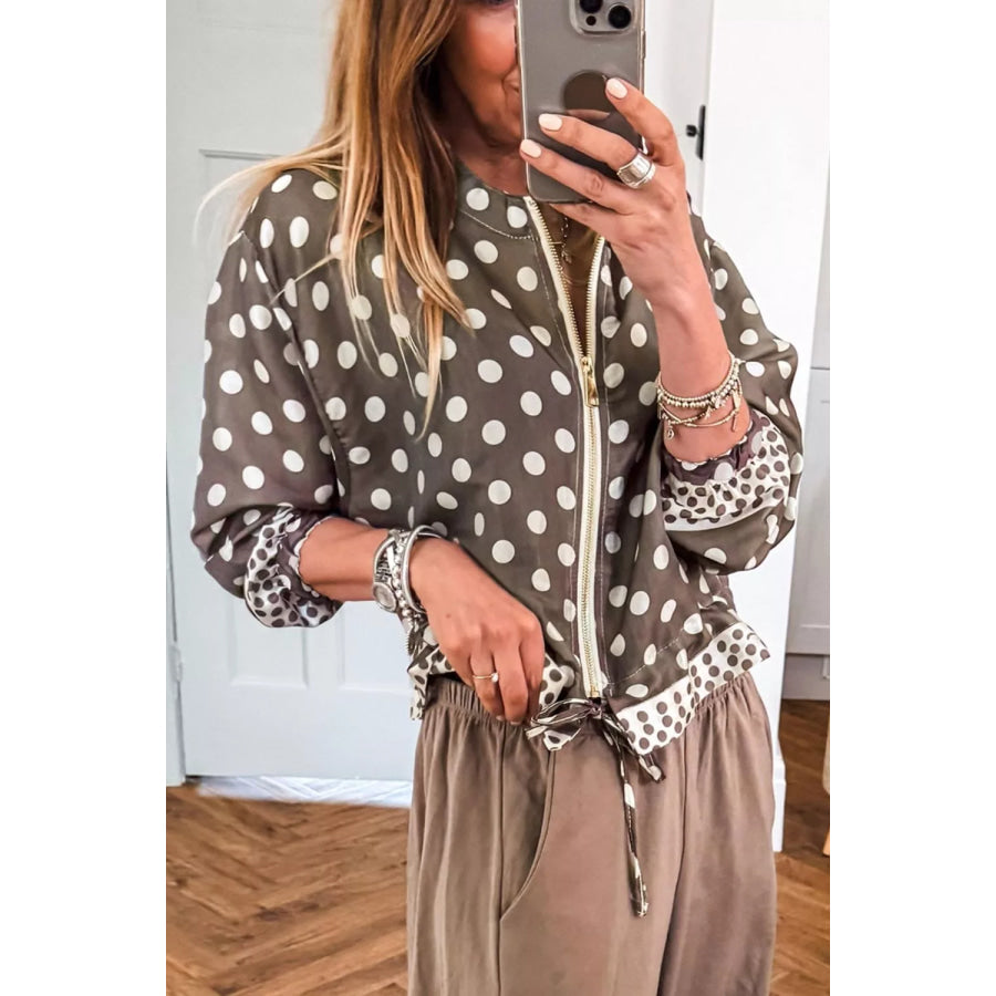Polka Dot Contrast Detail Zip-Up Long Sleeve Shacket Apparel and Accessories