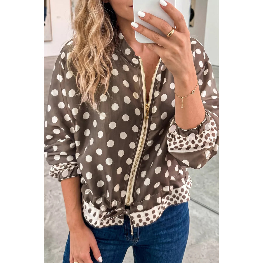 Polka Dot Contrast Detail Zip-Up Long Sleeve Shacket Taupe / S Apparel and Accessories