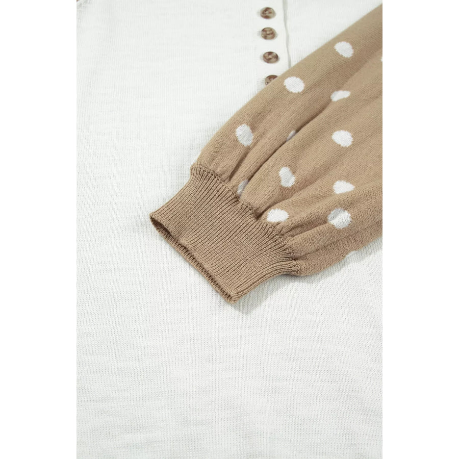 Polka Dot Contrast Long Sleeve Button V Neck Sweater Apparel and Accessories