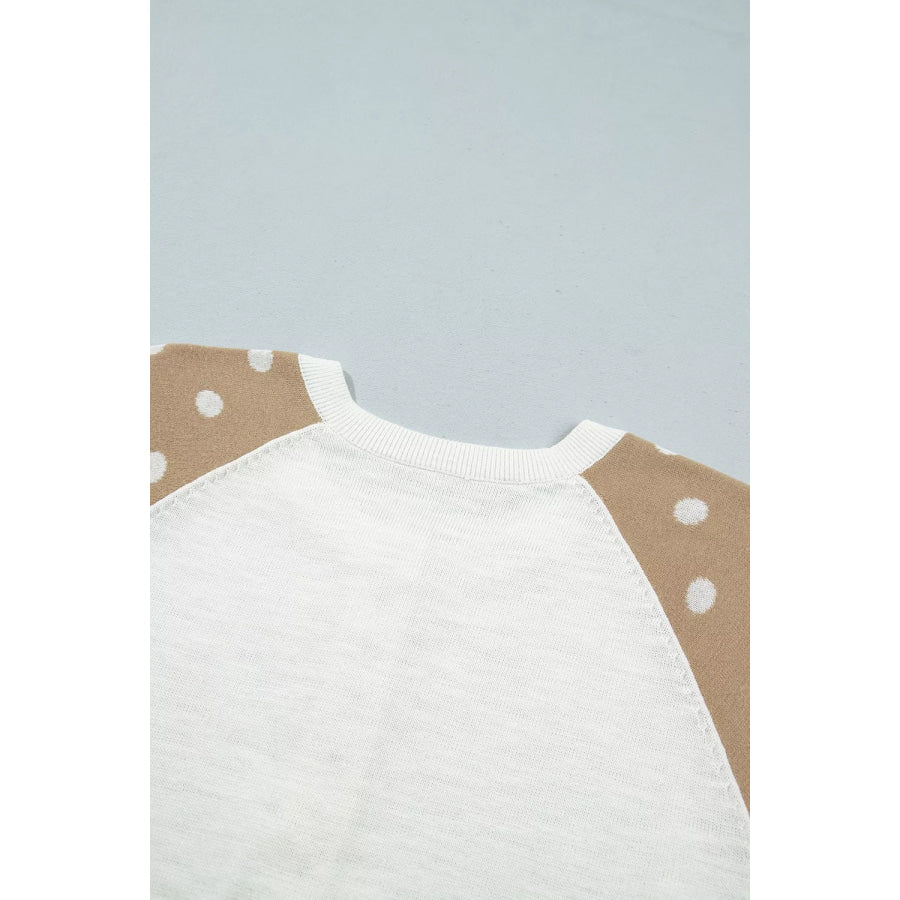 Polka Dot Contrast Long Sleeve Button V Neck Sweater Apparel and Accessories