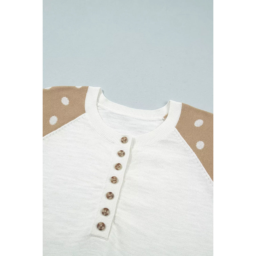 Polka Dot Contrast Long Sleeve Button V Neck Sweater Apparel and Accessories