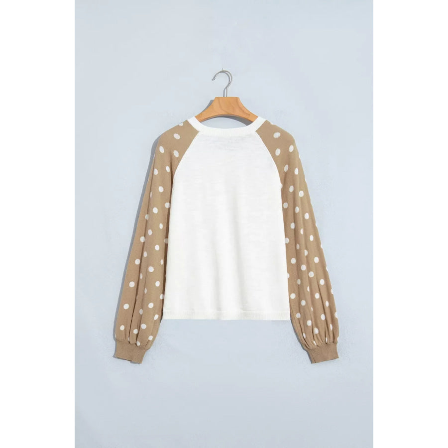 Polka Dot Contrast Long Sleeve Button V Neck Sweater Apparel and Accessories