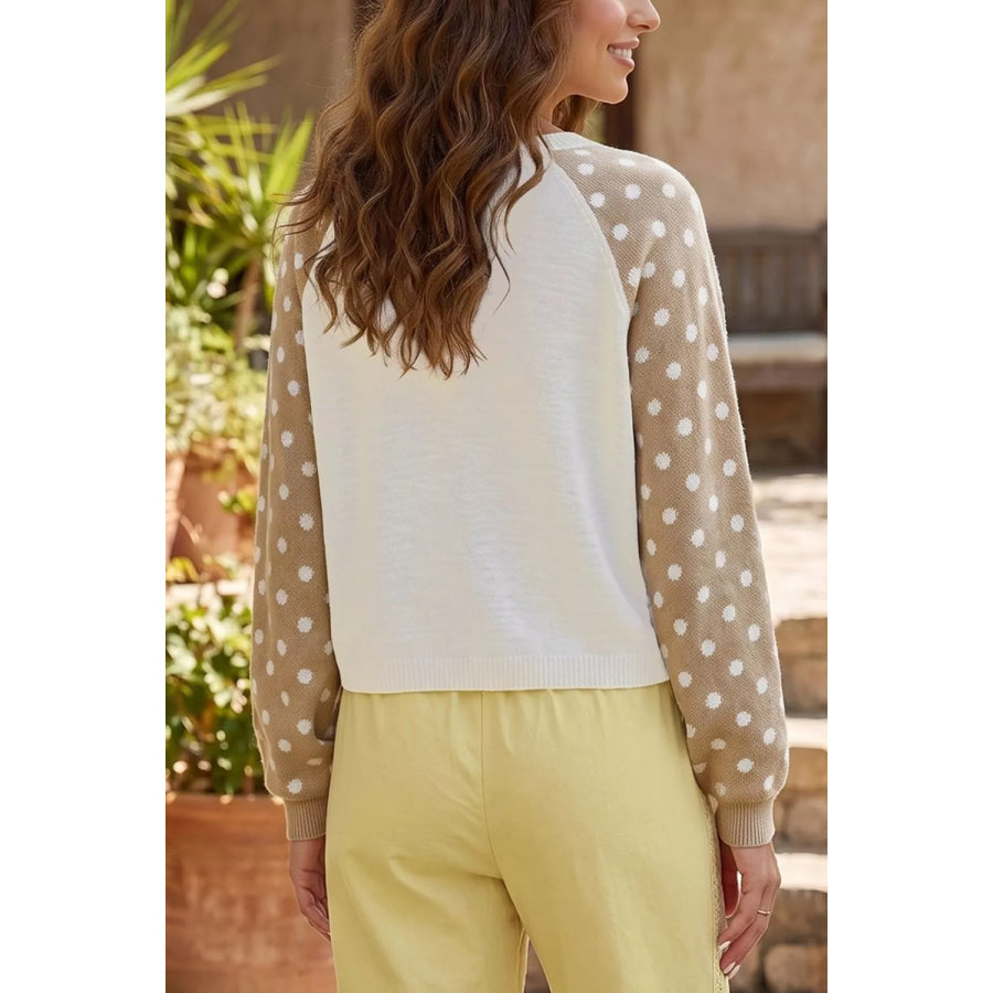 Polka Dot Contrast Long Sleeve Button V Neck Sweater Apparel and Accessories