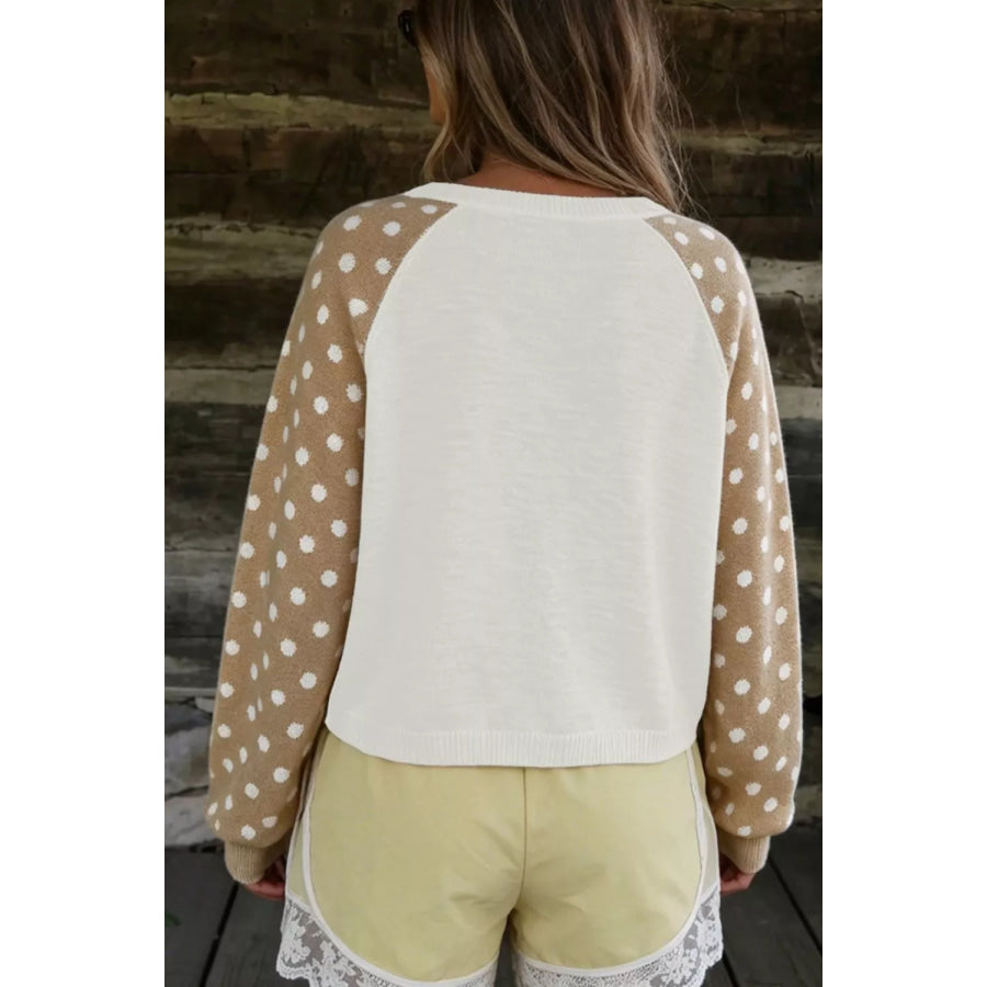 Polka Dot Contrast Long Sleeve Button V Neck Sweater Apparel and Accessories