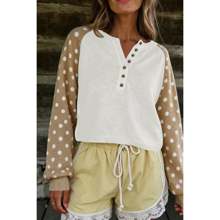 Polka Dot Contrast Long Sleeve Button V Neck Sweater Apparel and Accessories