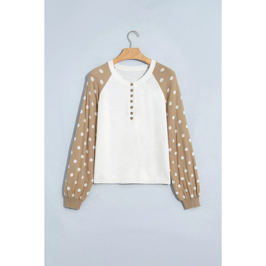 Polka Dot Contrast Long Sleeve Button V Neck Sweater Apparel and Accessories