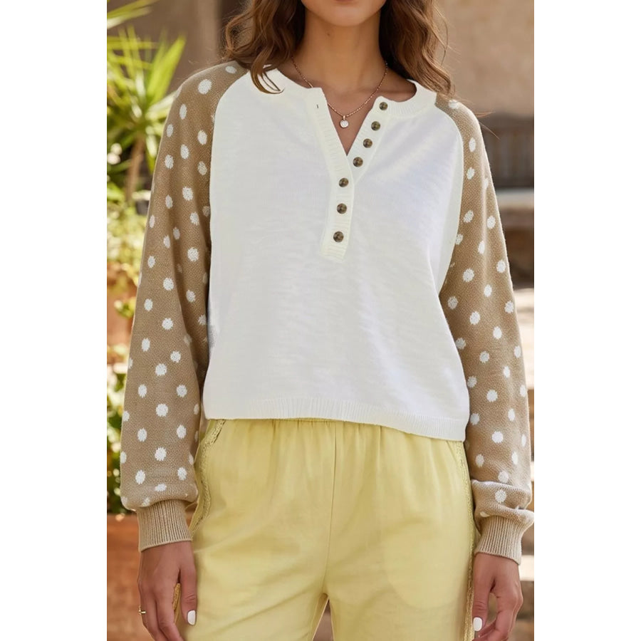Polka Dot Contrast Long Sleeve Button V Neck Sweater White / S Apparel and Accessories