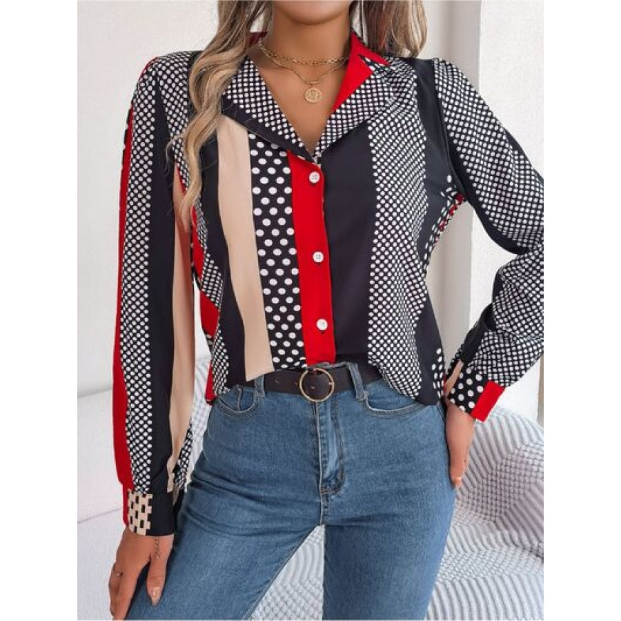 Polka Dot Contrast Long Sleeve Shirt Apparel and Accessories