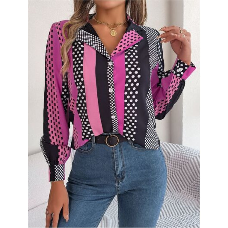 Polka Dot Contrast Long Sleeve Shirt Cerise / S Apparel and Accessories