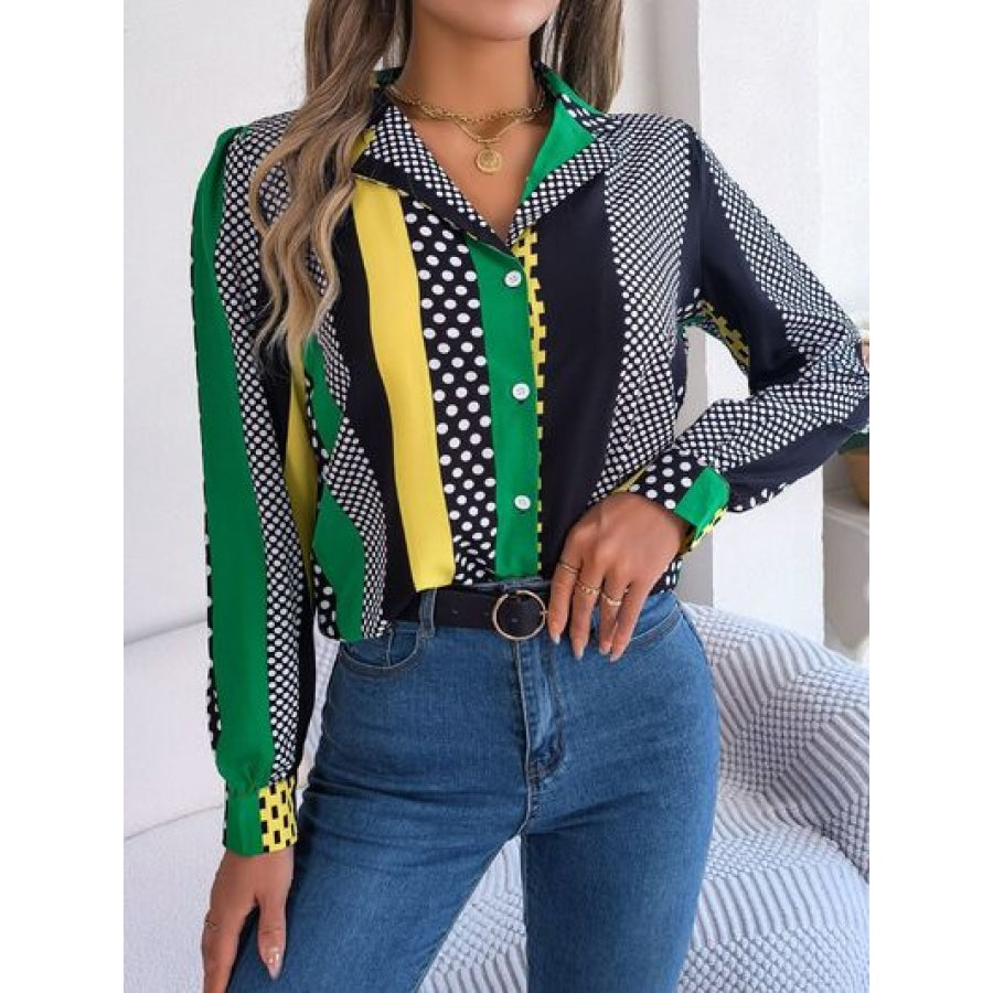 Polka Dot Contrast Long Sleeve Shirt Green / S Apparel and Accessories