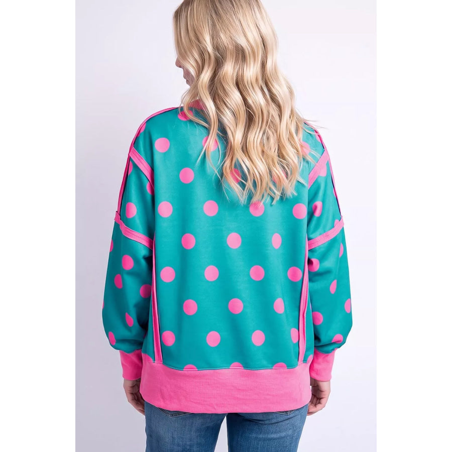 Polka Dot Contrast Patchwork Round Neck Baggy Sweatshirt Apparel and Accessories