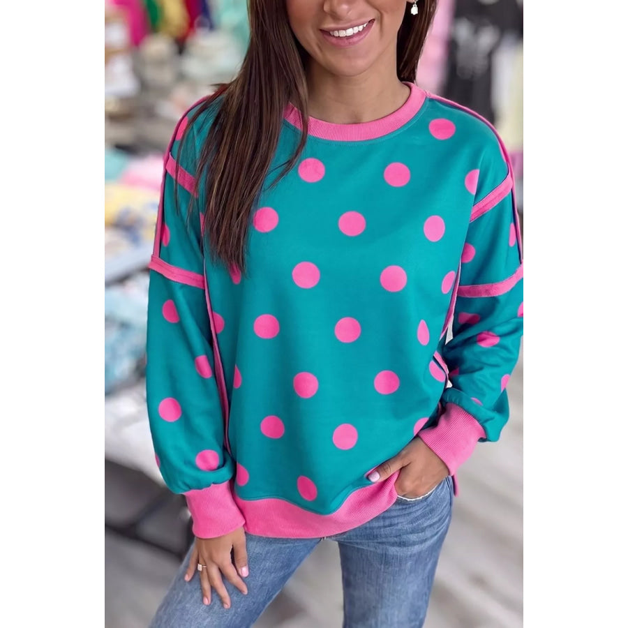 Polka Dot Contrast Patchwork Round Neck Baggy Sweatshirt Apparel and Accessories