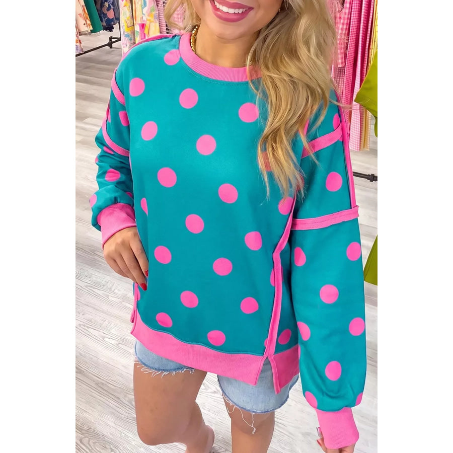 Polka Dot Contrast Patchwork Round Neck Baggy Sweatshirt Apparel and Accessories