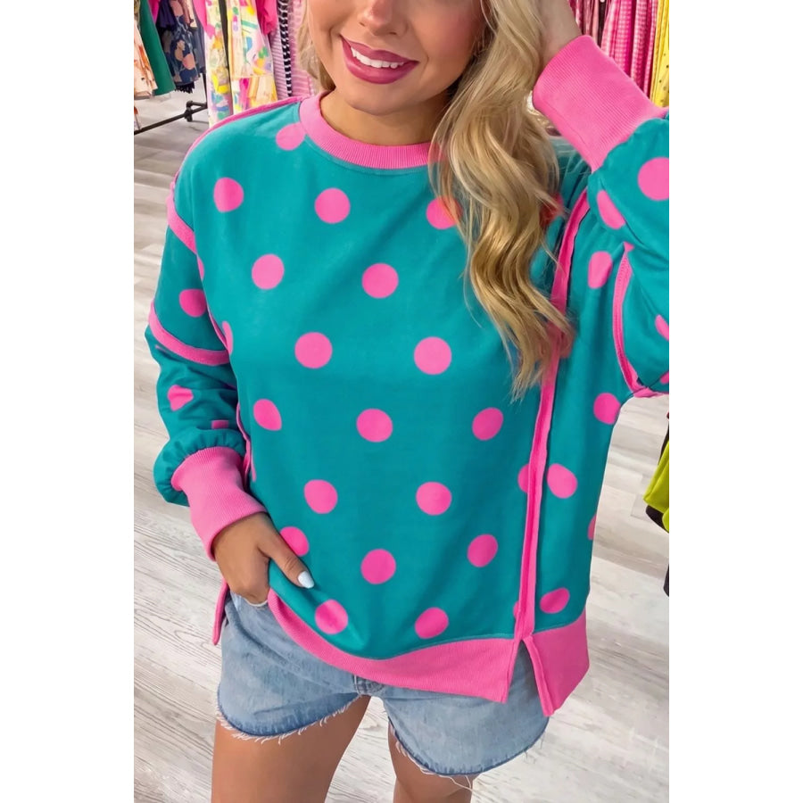 Polka Dot Contrast Patchwork Round Neck Baggy Sweatshirt Apparel and Accessories