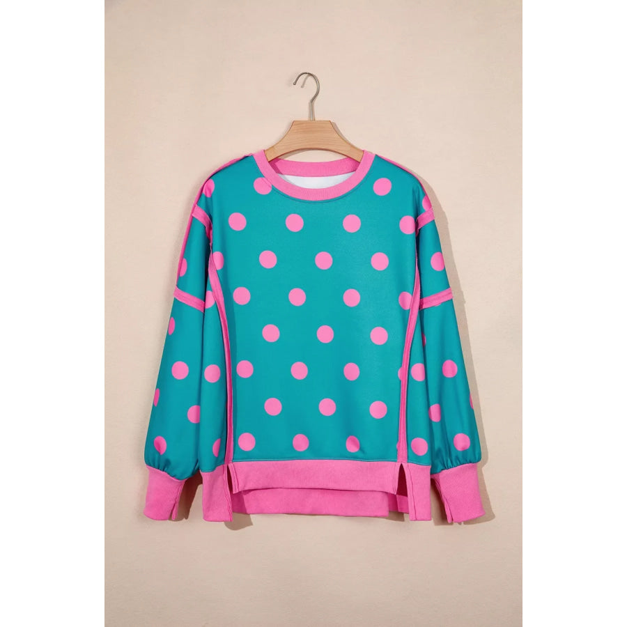 Polka Dot Contrast Patchwork Round Neck Baggy Sweatshirt Apparel and Accessories