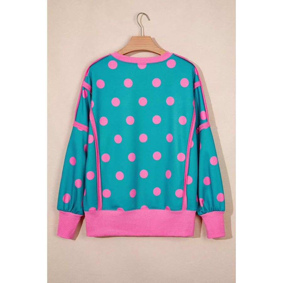 Polka Dot Contrast Patchwork Round Neck Baggy Sweatshirt Apparel and Accessories