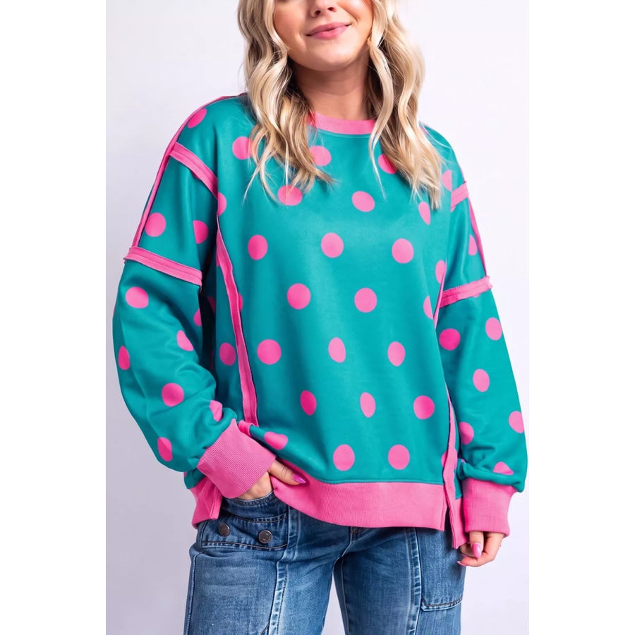 Polka Dot Contrast Patchwork Round Neck Baggy Sweatshirt Sky Blue / S Apparel and Accessories