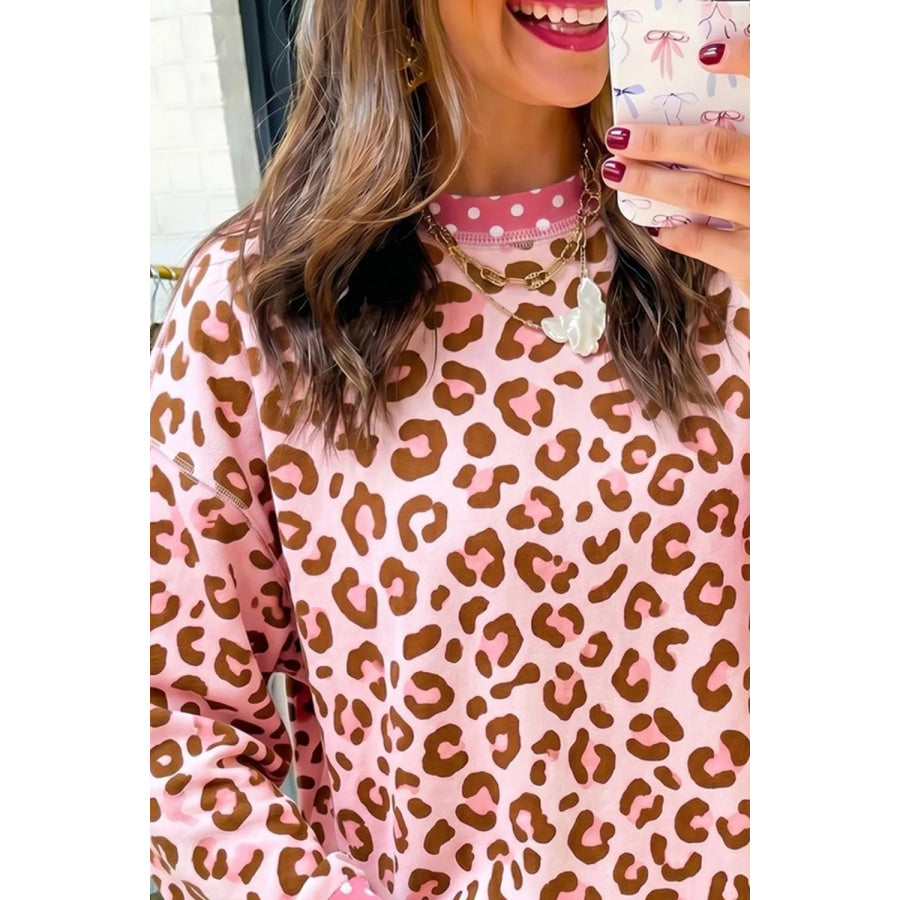 Polka Dot Contrast Trim Leopard Round Neck Sweatshirt Apparel and Accessories