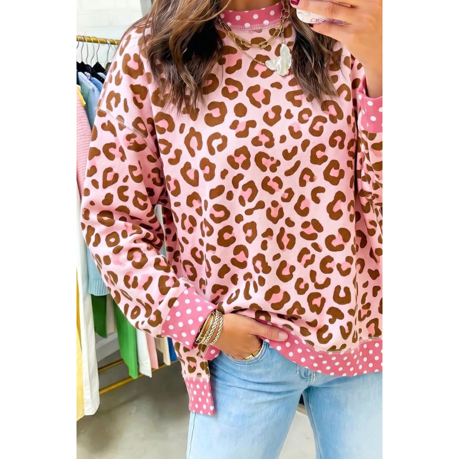 Polka Dot Contrast Trim Leopard Round Neck Sweatshirt Apparel and Accessories