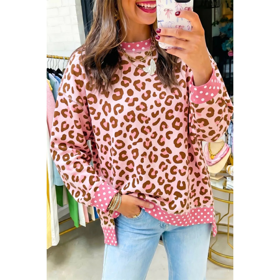 Polka Dot Contrast Trim Leopard Round Neck Sweatshirt Leopard / S Apparel and Accessories