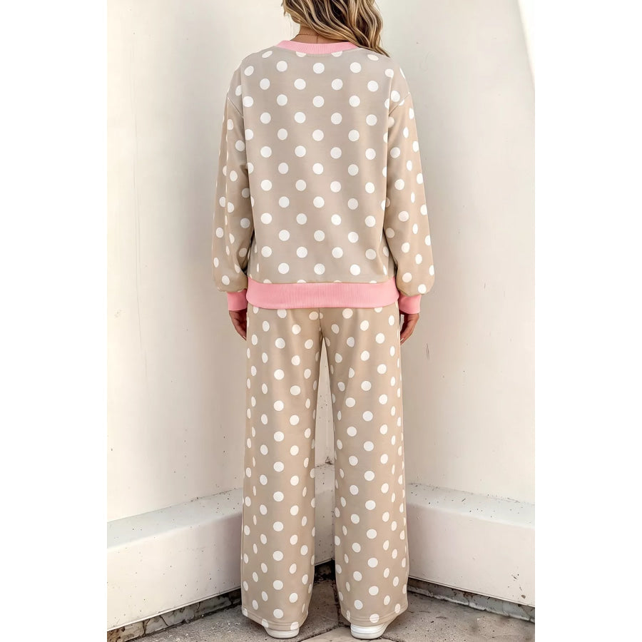 Polka Dot Contrast Trim Long Sleeve Top Drawstring Shift Pants Set Khaki / S Apparel and Accessories