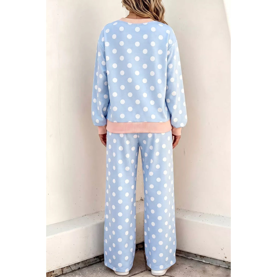 Polka Dot Contrast Trim Long Sleeve Top Drawstring Shift Pants Set Apparel and Accessories