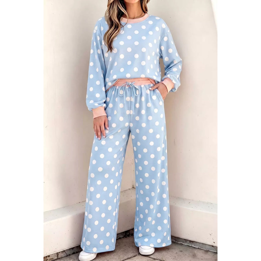 Polka Dot Contrast Trim Long Sleeve Top Drawstring Shift Pants Set Apparel and Accessories