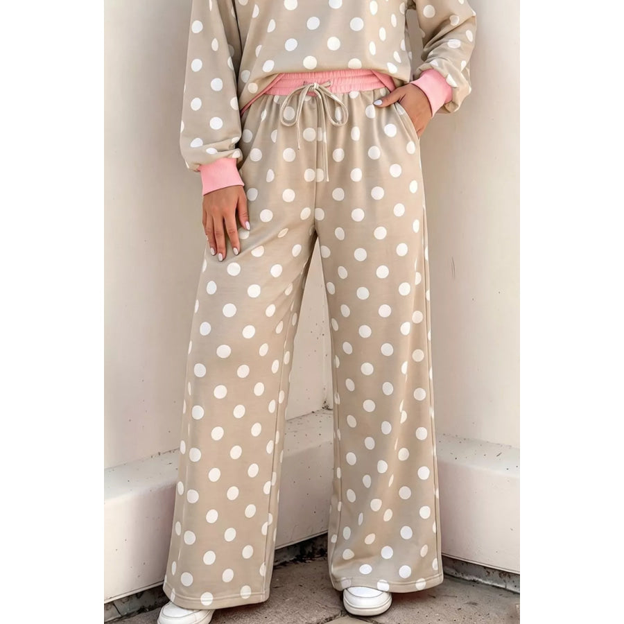 Polka Dot Contrast Trim Long Sleeve Top Drawstring Shift Pants Set Apparel and Accessories