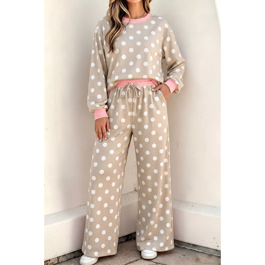 Polka Dot Contrast Trim Long Sleeve Top Drawstring Shift Pants Set Khaki / S Apparel and Accessories