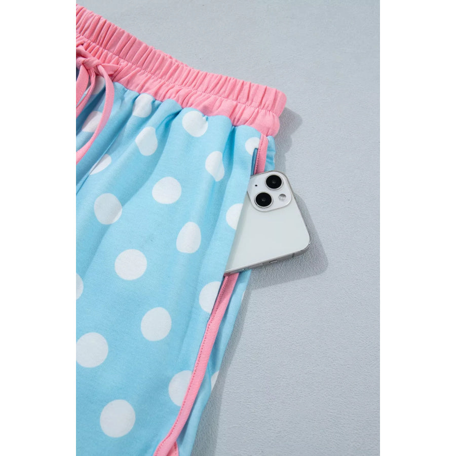 Polka Dot Contrast Trim Top and Drawstring Shorts Set Apparel and Accessories