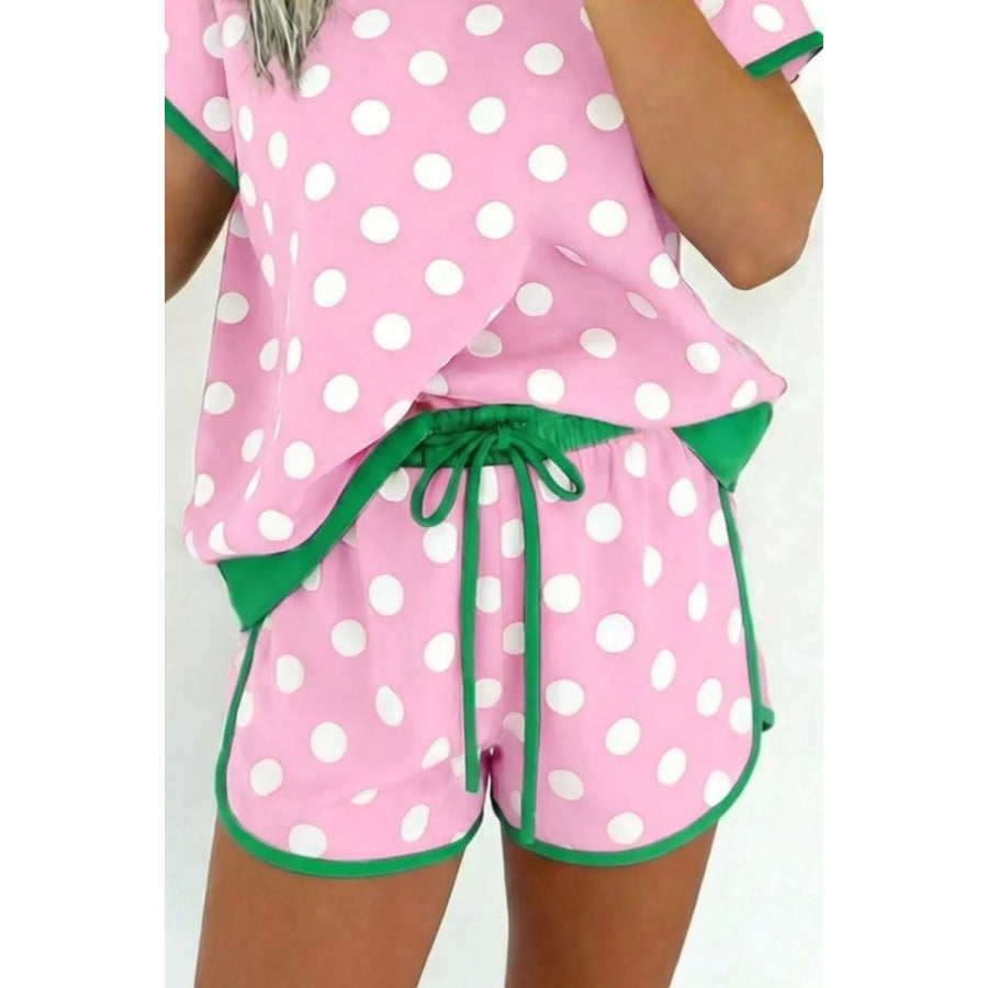 Polka Dot Contrast Trim Top and Drawstring Shorts Set Apparel and Accessories