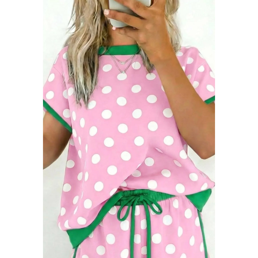 Polka Dot Contrast Trim Top and Drawstring Shorts Set Apparel and Accessories