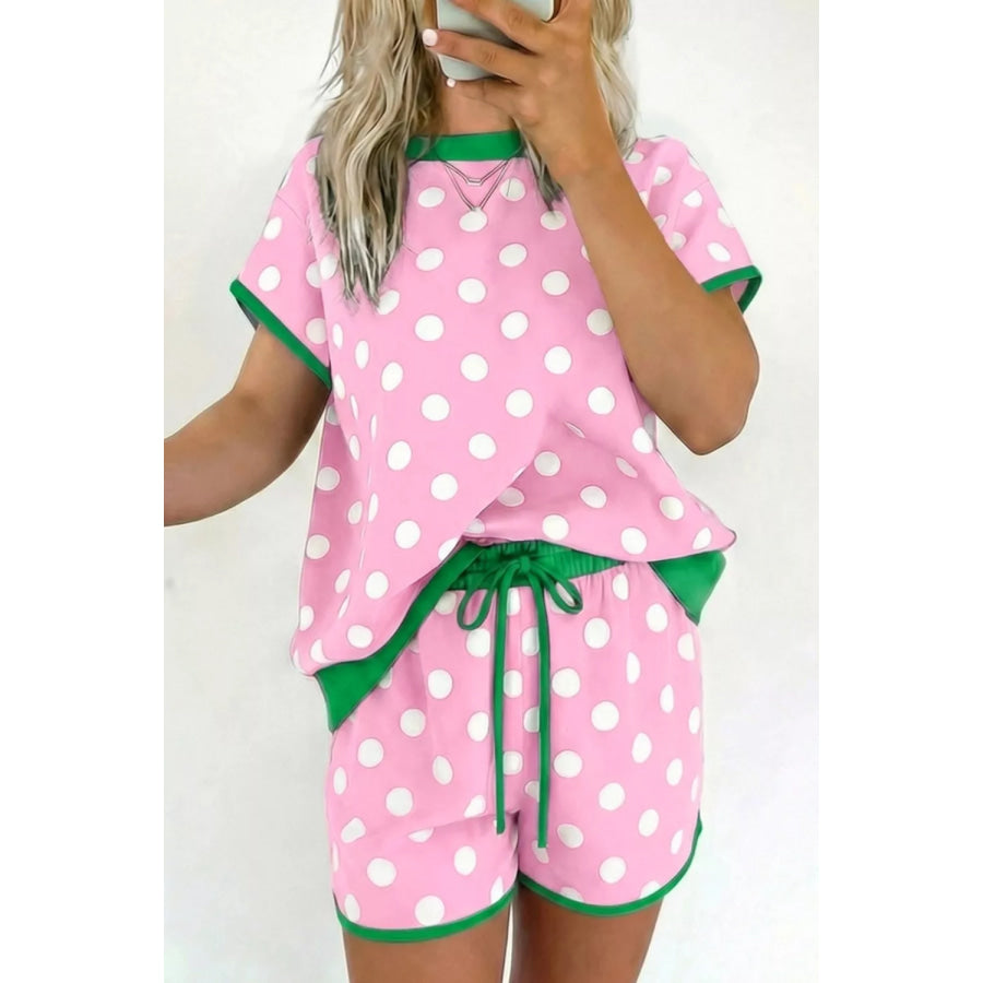 Polka Dot Contrast Trim Top and Drawstring Shorts Set Blush Pink / S Apparel and Accessories