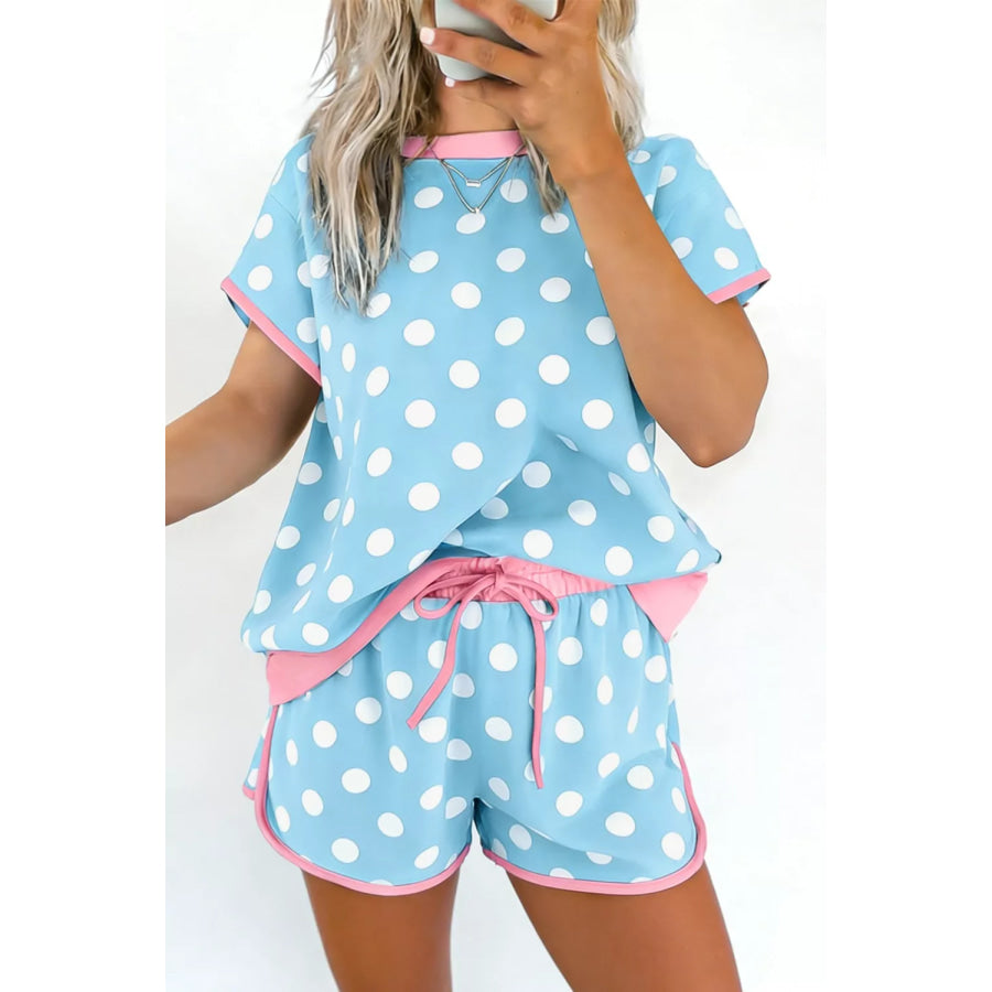Polka Dot Contrast Trim Top and Drawstring Shorts Set Pastel Blue / S Apparel and Accessories