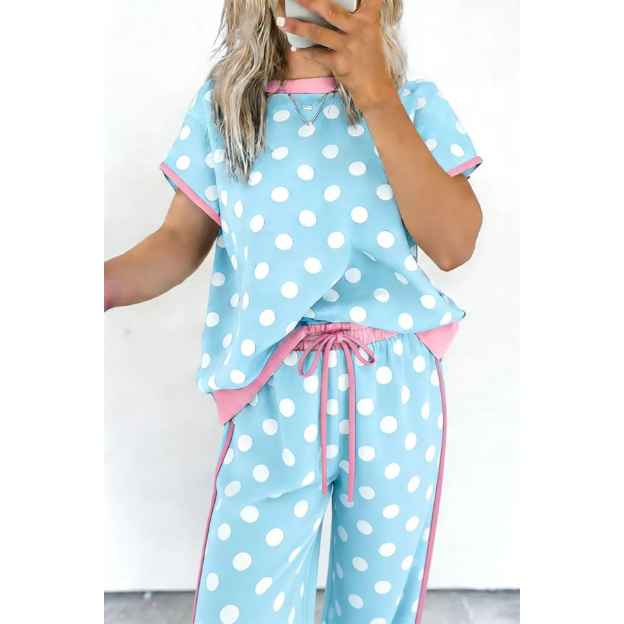 Polka Dot Contrast Trim Top and Pants Set Apparel and Accessories