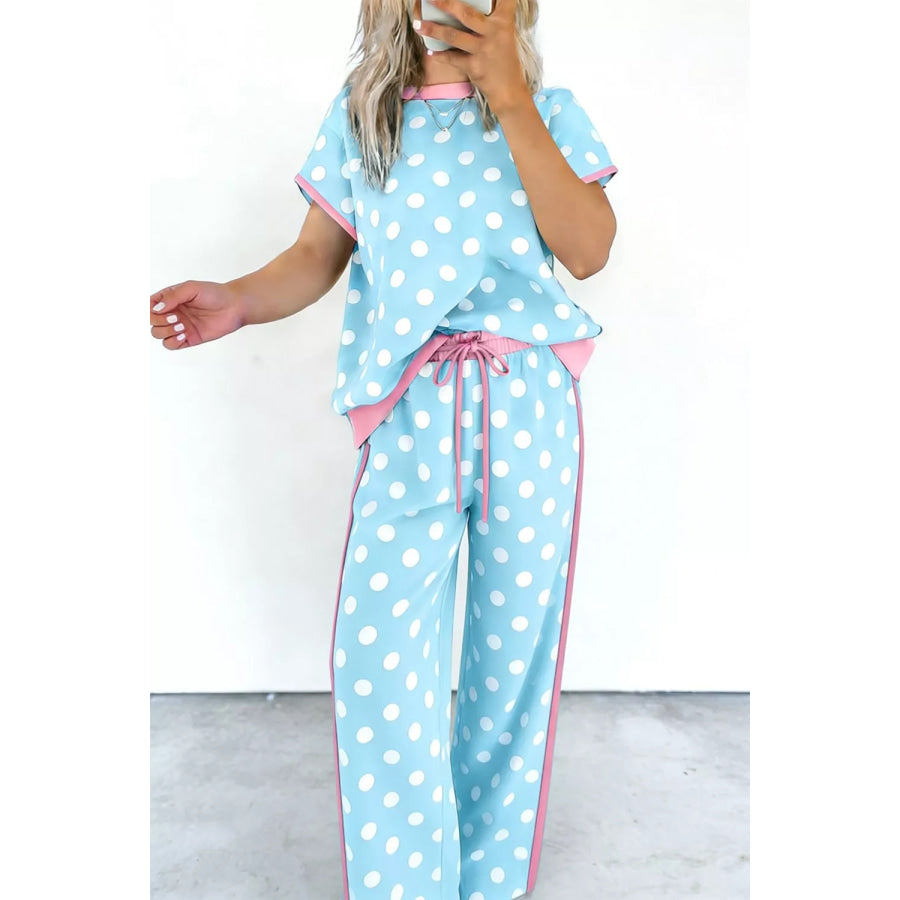 Polka Dot Contrast Trim Top and Pants Set Pastel Blue / M Apparel and Accessories