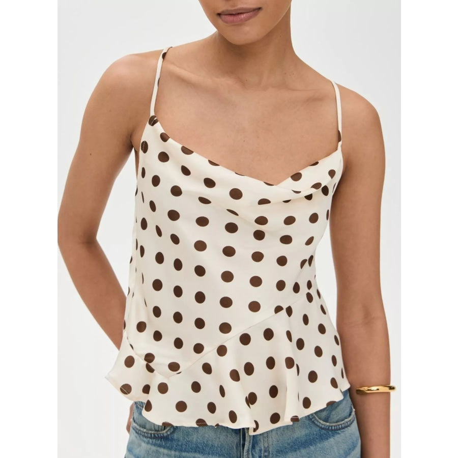 Polka Dot Cowl Neck Cami with Back Tie Beige / S Apparel and Accessories