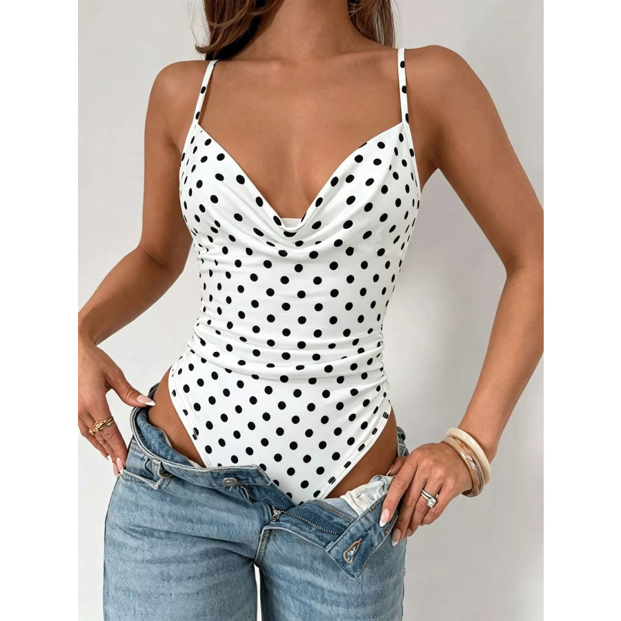 Polka Dot Cowl Neck Spaghetti Strap Bodysuit White / S Apparel and Accessories