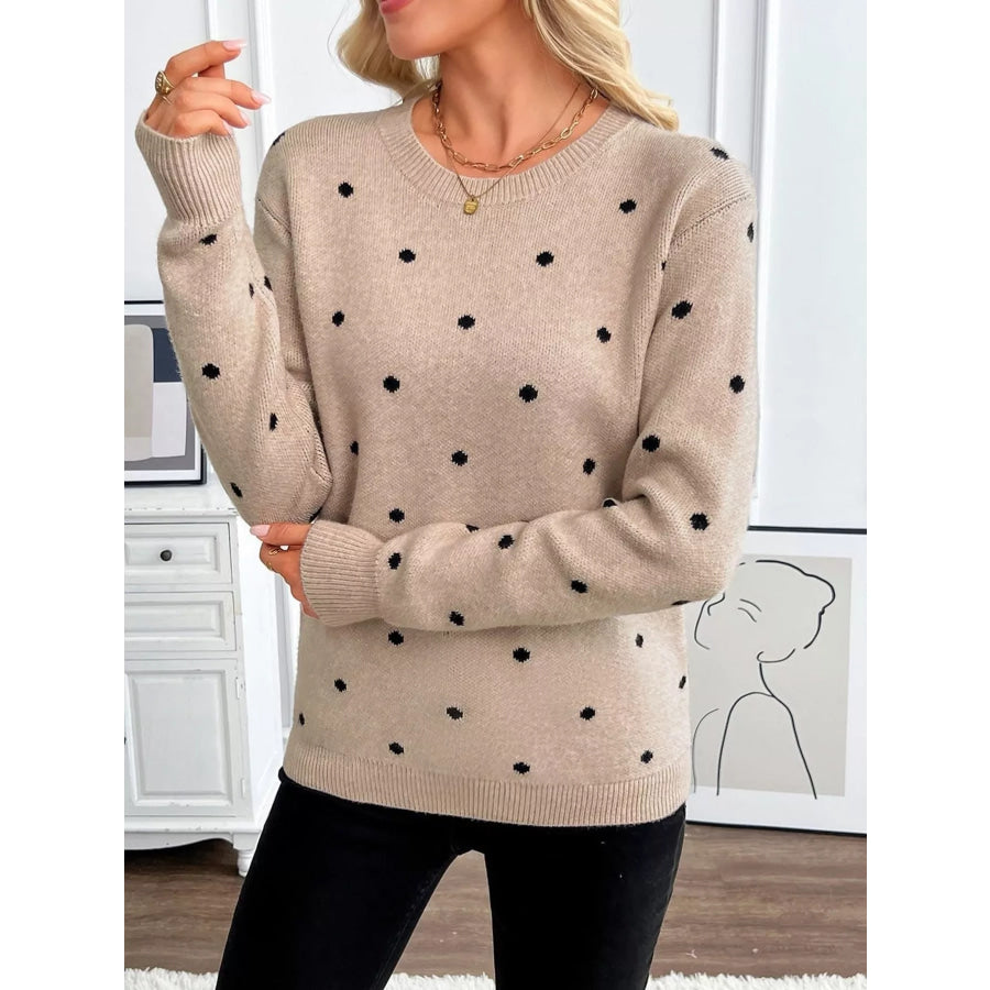 Polka Dot Crew Neck Sweater Apricot / S Apparel and Accessories