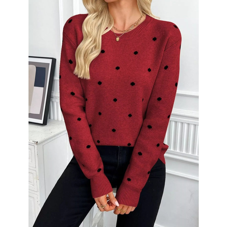 Polka Dot Crew Neck Sweater Burgundy / S Apparel and Accessories