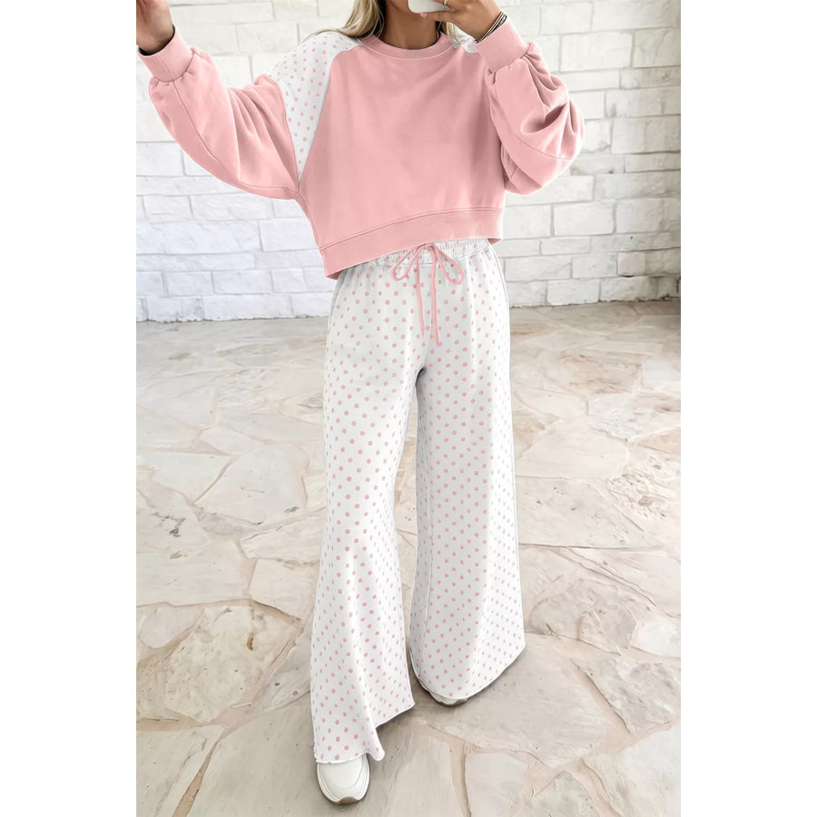Polka Dot Cropped Sweatshirt and Wide-Leg Pants Set Apparel Accessories